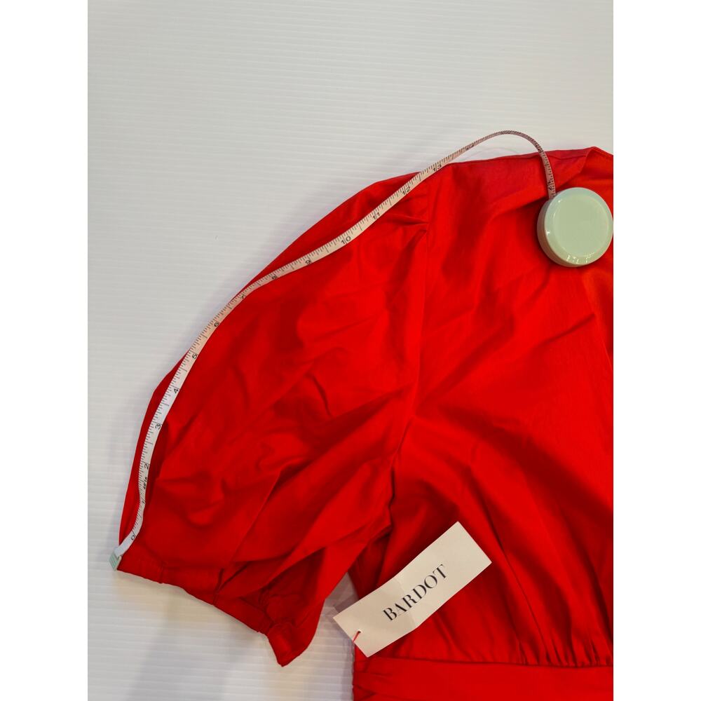 Bardot The Amie Red Ruched Mini Dress Puff Sleeve Ruffle Hem NWT L 10 Cotton - Picture 12 of 16